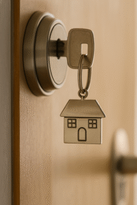 מפתח נכנס לדלת עם מחזיק בצורת בית, מייצג יצירת מרחב בטוח ותומך בתהליך טיפולי רגשי