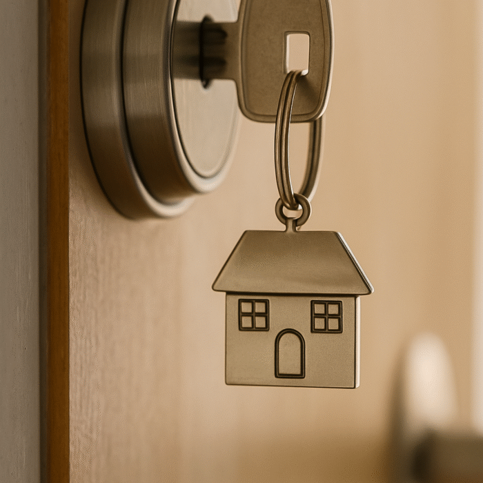 מפתח נכנס לדלת עם מחזיק בצורת בית, מייצג יצירת מרחב בטוח ותומך בתהליך טיפולי רגשי