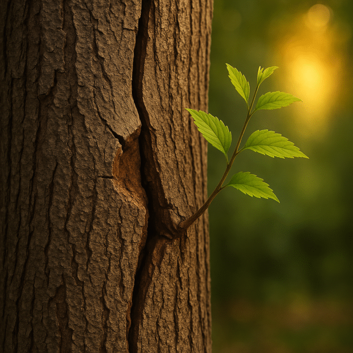 ענף ירוק חדש הצומח מתוך סדק בגזע עץ ישן, דימוי לריפוי וצמיחה מתוך כאב רגשי